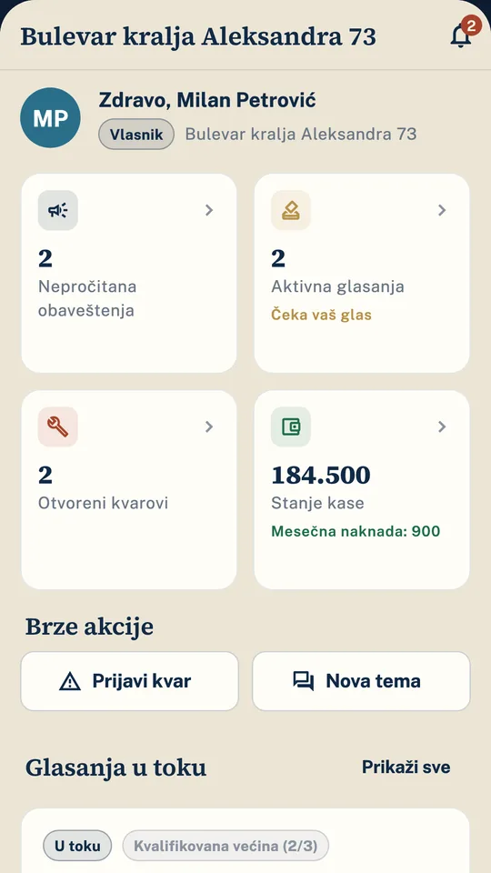 Ekran aplikacije eZajednica: nepročitana obaveštenja, aktivna glasanja, otvoreni kvarovi i stanje kase na jednom ekranu