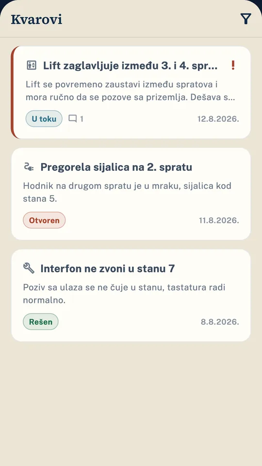 Ekran aplikacije eZajednica: prijava kvara sa fotografijom i statusom svake intervencije