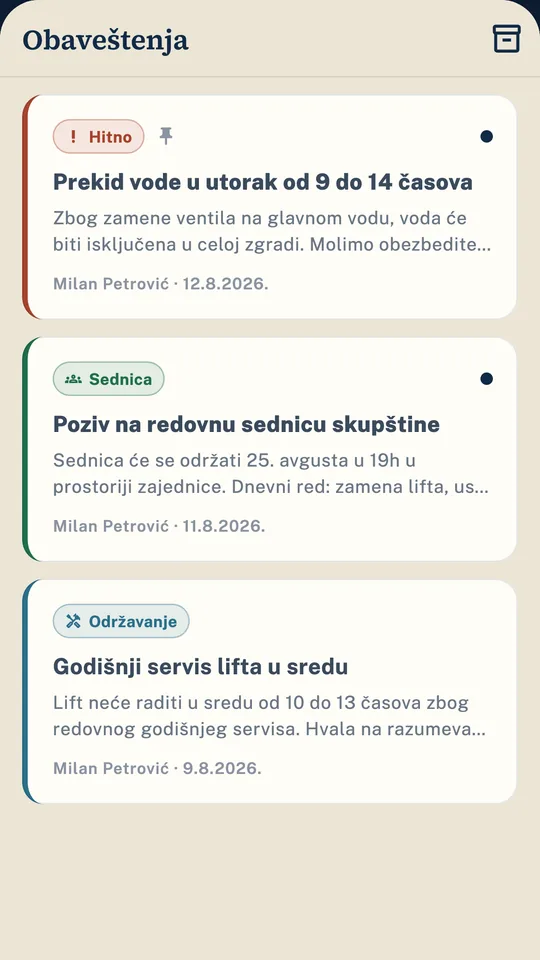 Ekran aplikacije eZajednica: zvanična tabla sa potvrdom čitanja - dokaz da je stanar obavešten, umesto papira na ulazu